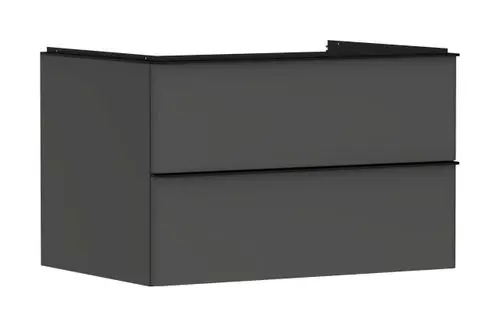 Heller Waschtischunterschrank von Hansgrohe, bestehend aus zwei Schubkästen, mit schlichten Linien und lackierter Oberfläche, geeignet für einen Aufsatzwaschtisch.